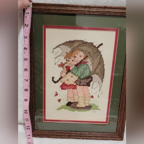 Vintage 1985 Stormy Weather Boy And Girl Cross Stitch Framed   10”X 13” - Picture 3 of 5